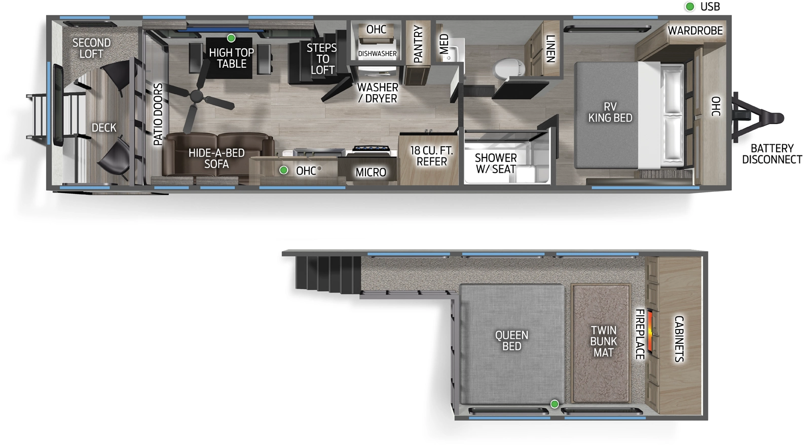 The Cascade 20OGC floorplan has one entry and zero slide outs. Exterior features include: fiberglass exterior. Interiors features include: loft, front bedroom, rear living and pass through bathroom.